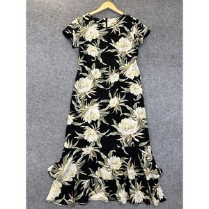 Iolani Dress Womens Small Black Cream Floral‎ Hawaiian Ruffle Hem Midi Rayon